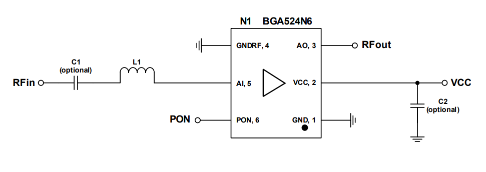 애플리케이션 회로도 - Infineon Technologies BGA524N6실리콘 게르마늄 저소음 증폭기